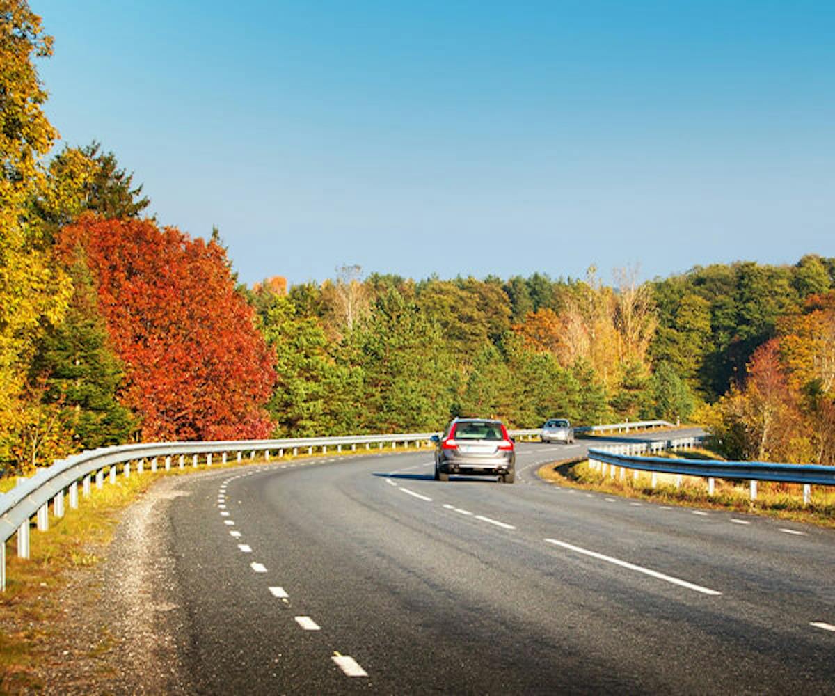 Car driving through fall trees