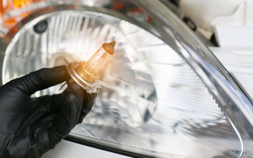 Close up view of a headlight bulb